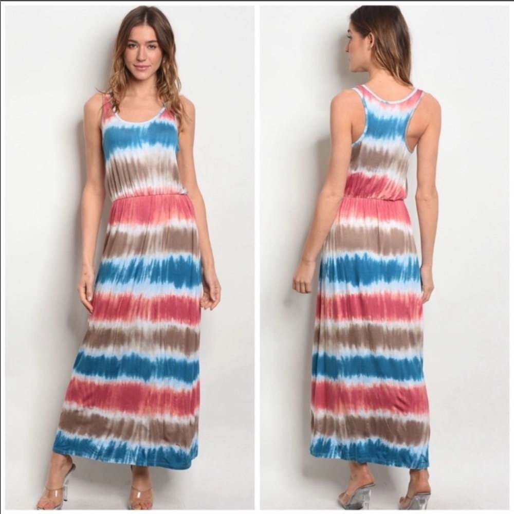 Coral, Mocha & Blue Tie-Dye Maxi Dress